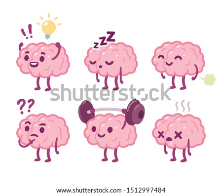 Funny cartoon brain character drawing set. Smart brain with lightbulb, sleeping, farting, thinking, training and dead. Cute vector hand drawn illustration.