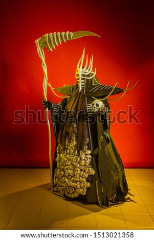 Actress woman in mask and costume of fictional fantasy character posing on red background