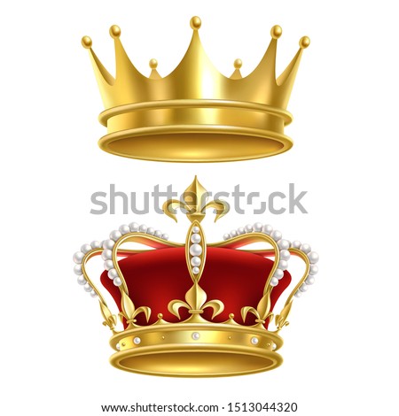 Real royal crown. Imperial gold luxury monarchy medieval crowns for heraldic sign isolated realistic vector golden elegant crowning king vintage set on white background