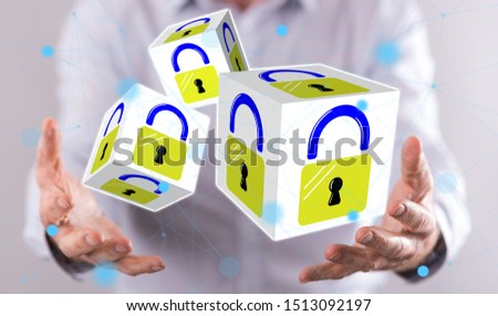 Data security concept above the hands of a man in background