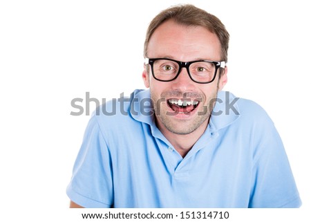 Closeup portrait of a smiling happy nerdy,goofy, book worm, student wearing isolated on white background
