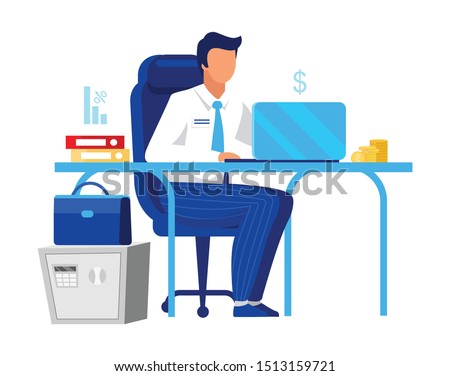 Office worker, clerk flat vector illustration. Company employee, economist isolated cartoon character on white background. Financial manager, accountant, auditor, financier working with laptop Royalty-Free Stock Photo #1513159721