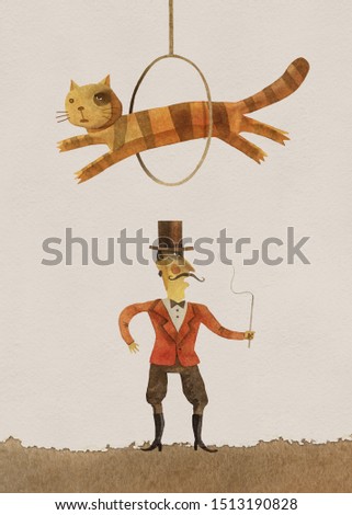 Watercolor illustration of a tamer and a cat jumping over the ring.