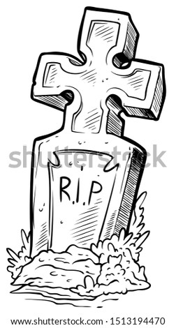 Cartoon graphic black and white tomb gravestone with cross and R.I.P text. Isolated on white background. Halloween vector icon.