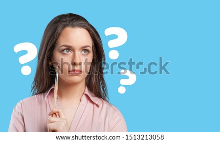 Question woman apron attractive beautiful beauty blue background