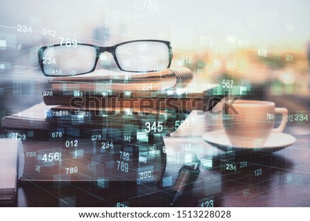 Data tech hologram with glasses on the table background. Concept of technology. Double exposure.