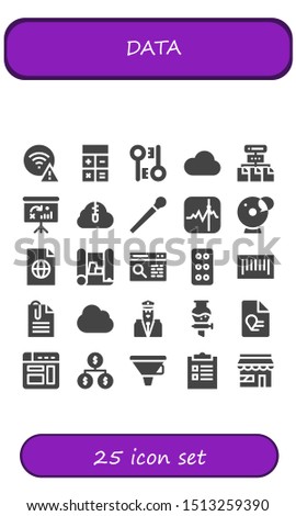 data icon set. 25 filled data icons.  Collection Of - Wifi, Calculator, Encryption, Cloud, Network, Dashboard, Zip cloud, Stick, Stocks, Cam, File, Scheme, Browser, Tablet icons