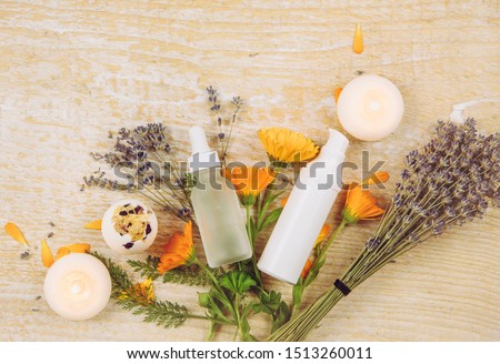 Organic plant based cosmetics concept. Top view of various herbs plants and beauty product containers on wood textured background, lot of copy space.