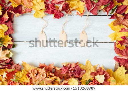 Autum Sale. Discount banner or flyer design template with vibrant autumn leaves on a brown kraft card, with a place for text