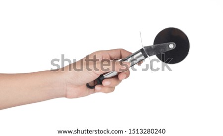 Hand holding Stainless Steel Pastry Pizza Cutter isolated on white background