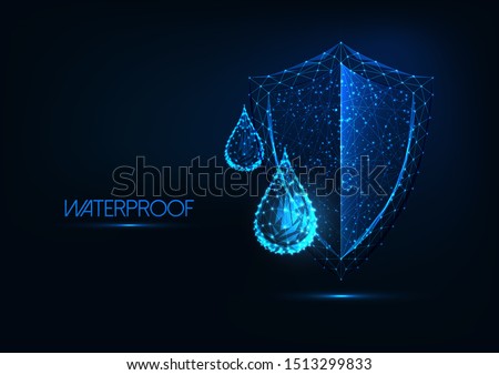Futuristic waterproofing concept. Glowing low polygonal water drops and shield on dark blue background. Water repellent material. Modern wireframe design vector illustration.  Royalty-Free Stock Photo #1513299833