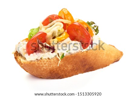 Bruschetta with cottage cheese, Radicchio salad, tomatoes, garlic and herbs. Spanish Tapas and Pinchos, isolated on white background.