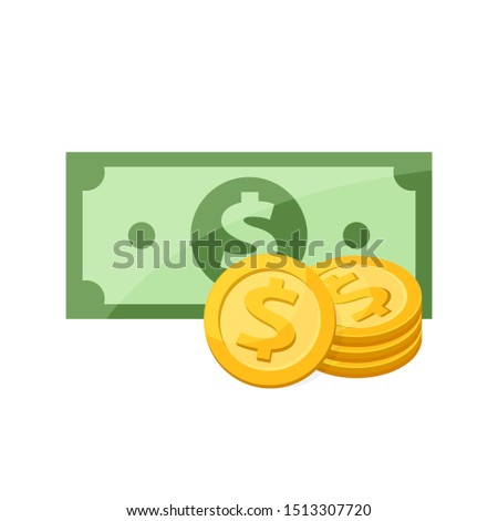 dollar banknote money and medal for clip art, gold dollar coin banknote money isolated on white, illustration banknote money flat, bank note and medal dollar golden money for symbol infographics icon
