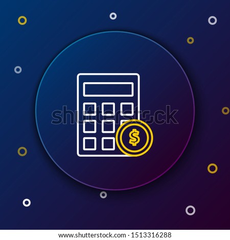 White and yellow line Calculator with dollar symbol icon isolated on dark blue background. Money saving concept. Accounting symbol. Colorful outline concept. Vector Illustration