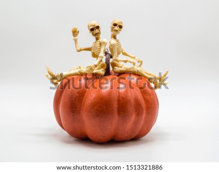 two human skeletons sitting on a bright orange pumpkin isolated on white