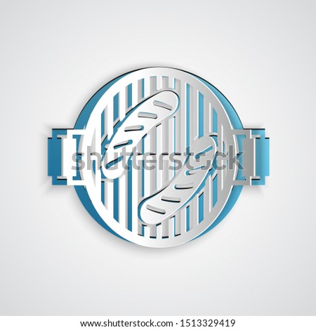 Paper cut Barbecue grill with sausage icon isolated on grey background. BBQ grill party. Paper art style. Vector Illustration