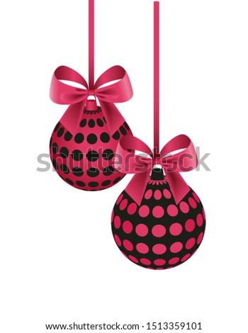 Christmas balls with bow hanging on white background vector. 