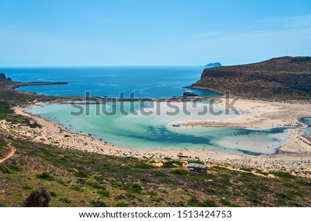                 Balos lagoon and Gramvousa in Kissamos Crete, Greece in sunny day.  Royalty-Free Stock Photo #1513424753