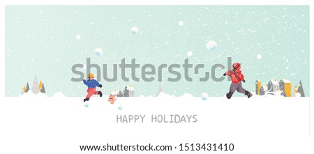 Panorama Vector illustration of Urban city landscape in winter with pine tree ,snow fir ground ,fog and snow fall. Kids play snowball outside the house.winter concept with happy holidays text   Royalty-Free Stock Photo #1513431410