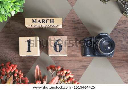 March 16, Date design with Number cube, a flower and camera on Diamond wood background.