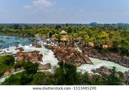 Aerial view of Li Phi waterfall in Laos - Tat Somphamit, don khone, si phan don on four thousand islands in Laos. Landscape of nature in south east asia during summer.