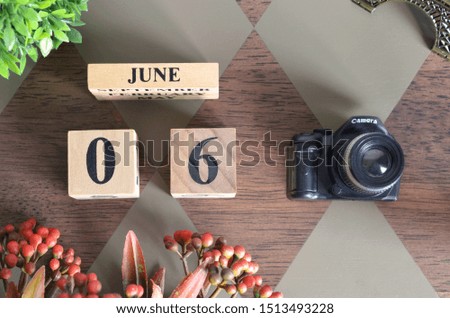 June 6, Date design with Number cube, a flower and camera on Diamond wood background.