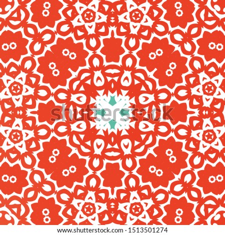 Ethnic ceramic tile in mexican talavera. Original design. Vector seamless pattern arabesque. Red vintage ornament for surface texture, towels, pillows, wallpaper, print, web background.
