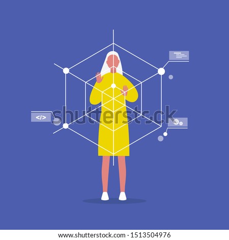 Web Development. Augmented reality. Young female engineer working with data. Programming. Flat editable vector illustration, clip art