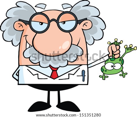 Smiling Mad Scientist Or Professor Holding A Frog. Raster Illustration