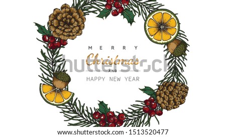 Merry Christmas and New Year backgrounds and greeting card with flower and leaf drawing illustration.