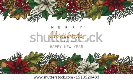 Merry Christmas and New Year backgrounds and greeting card with flower and leaf drawing illustration.