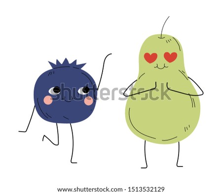 Cute Pear and Blueberry, Cheerful Berry and Fruit Characters with Funny Faces, Best Friends, Happy Couple in Love Vector Illustration