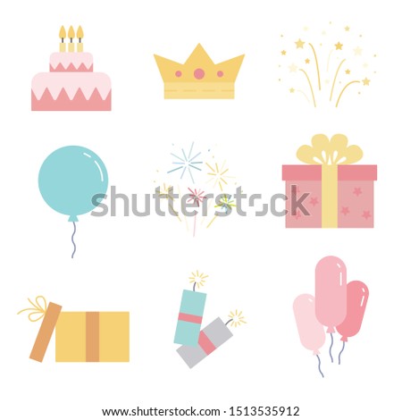 Party icon set. Holidays symbol collection. Celebration signs: firework, gift, air balloon, confetti, cake and crown in trendy flat style