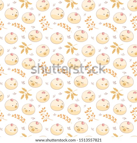 Seamless pattern hand drawn cute chickens and autumn leaves