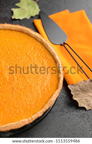 Tasty pumpkin pie on dark background