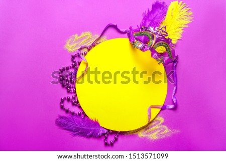 Empty greeting card with festive decor on color background
