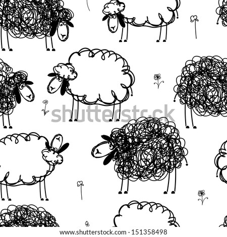 Black and white sheeps on meadow, seamless pattern for your design
