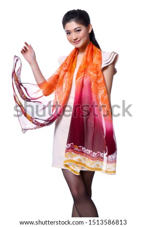 Asian girl wearing a silk scarf, white background