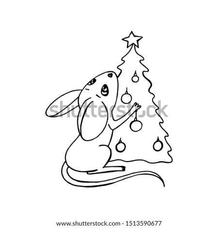 Christmas mouse character with decorated tree isolated vector illustration