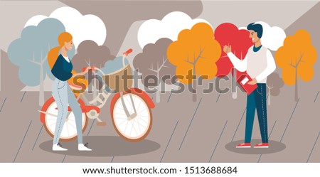 Friends Meeting in Autumn Park, Outdoor Recreation. Young Girl, Woman with Walking Basket Bike Communicates with Brunette Handsome Guy, Man, Magazine. Flat Illustration Autumn Nature