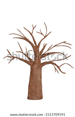 a tree dead is made of clay plasticine. Leaves made from plasticine clay on white background, halloween concept
