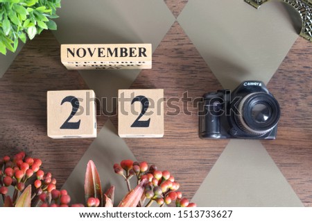 November 22, Date design with Number cube, a flower and camera on Diamond wood background.