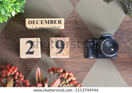 December 29, Date design with Number cube, a flower and camera on Diamond wood background.