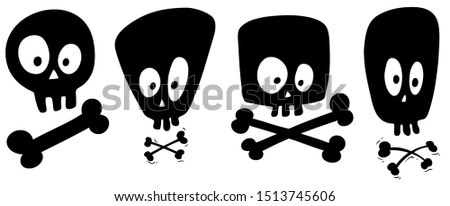 Cartoon graphic hand drawn black funny human skull with crossed bones. Isolated on white background. Halloween vector icon.