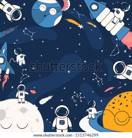 Cartoon space frame with astronaut on a spaceship in the outer space with saturn and other planets. Futuristic background with cosmonauts on the moon, comet, stars and constellations. Galaxy border.