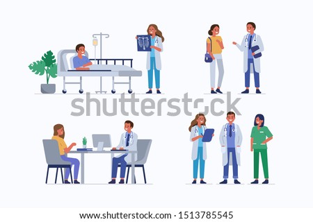 Medical staff and patients. Female doctor check patients x-ray in clinic. Male doctor therapist consulting woman. Healthcare team in hospital.Medical People characters set. Flat vector illustration. 
 Royalty-Free Stock Photo #1513785545
