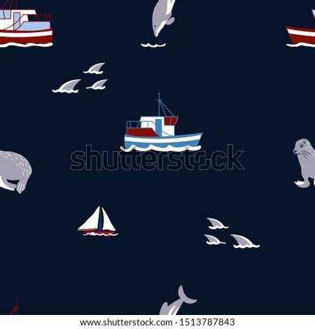 Marine flat hand drawn seamless pattern. Boats, sharks, dolphins, seals cartoon illustrations.  Sea life kid textile, wrapping paper, background 