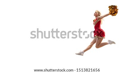 Isolated cheerleader in action on white background.