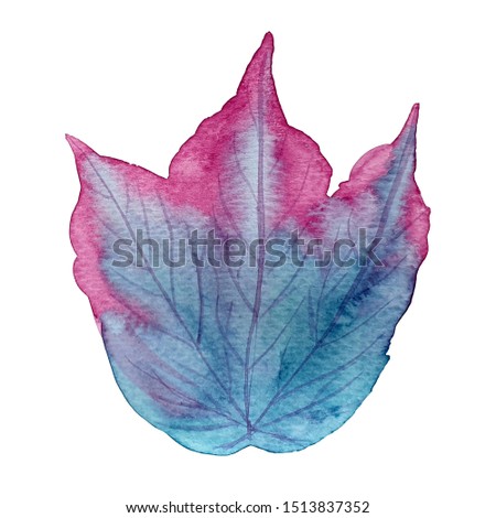Watercolor leaf in neon turquoise and purple magenta colors. fluorescent illustration