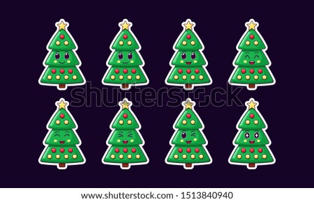 Cartoon Kawaii Christmas Tree, Holiday Sticker set. New Year and Xmas collection of Cute green Tree with golden Star and Balls. Festive Character with expressions, vector illustration